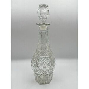 Vintage Diamond Cut Glass Decanter with Stopper - Starburst Base - 14” Tall